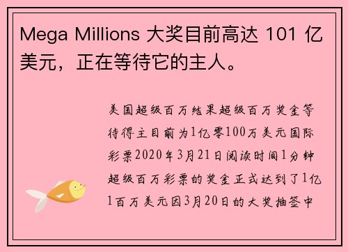 Mega Millions 大奖目前高达 101 亿美元，正在等待它的主人。